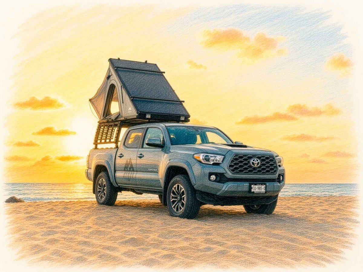 Toyota Tacoma con casa de campaña de techo estacionada en la playa al atardecer – Alquiler de vehículos camperizados 4x4 en Baja Camp
